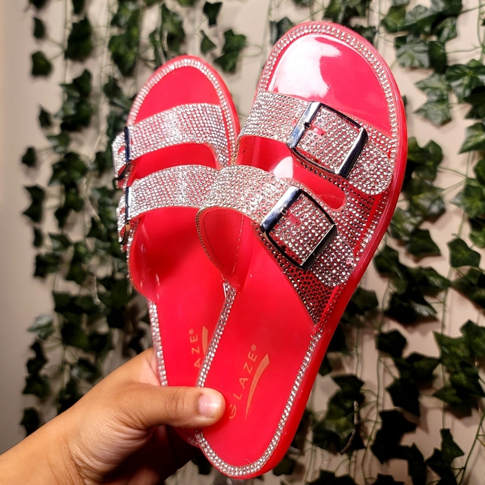 💎Pink Silver Rhinestone 2 Strap Slide Jelly Sandals💎 - Picture 3 of 4